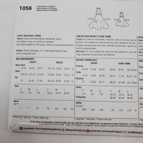 Simplicity 1056  Apron Sewing Pattern Mother & Daughter Size A S-L UNCUT - Picture 7 of 10